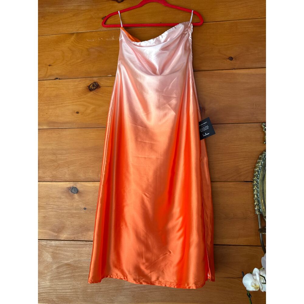 NWT Lulus Indescribable Poise Peach Ombre Satin Strapless Midi Dress Banquet M - Picture 2 of 7